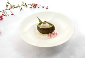 A quenelle of Coconut Ice Cream sits in freshly blended Avocado Cream in an Avocado shell on a porcelain plate.