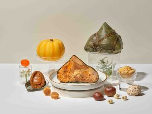 Li Bai Cantonese Restaurant Abalone and Pumpkin Rice Dumpling, cross-section showing abalone, pumpkin, chestnuts and mung beans — fine dining Chinese restaurant Singapore