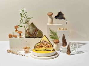 Li Bai Cantonese Restaurant Vegetarian Millet Rice Dumpling — golden millet rice cross-section with mixed mushrooms, plant-based bak chang Singapore Dragon Boat Festival 2026